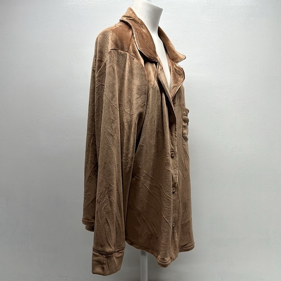 Skims Velour Button Up Sleep Shirt Collared Crushed Velvet Top Tan Plus Size 2X - Picture 3 of 10